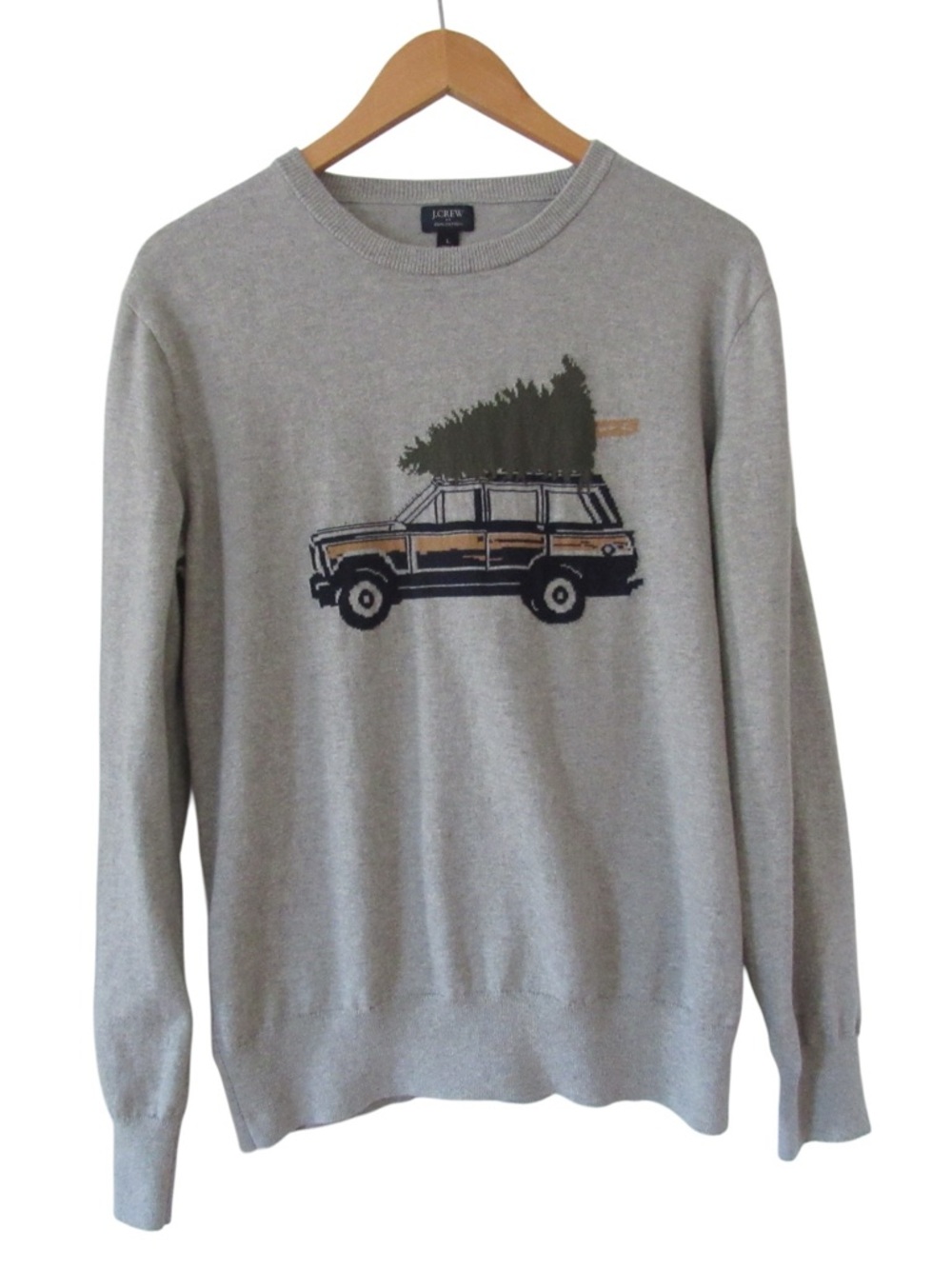 J Crew Factory Mens Truck and Tree Sweater Large Gray Cotton Christmas Holiday